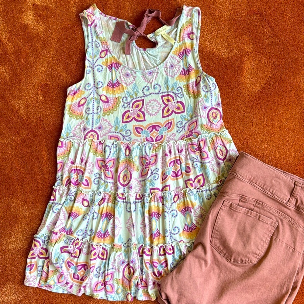 Matilda Jane, super soft tears of Road ruffles tank. Beautiful colors ties back.